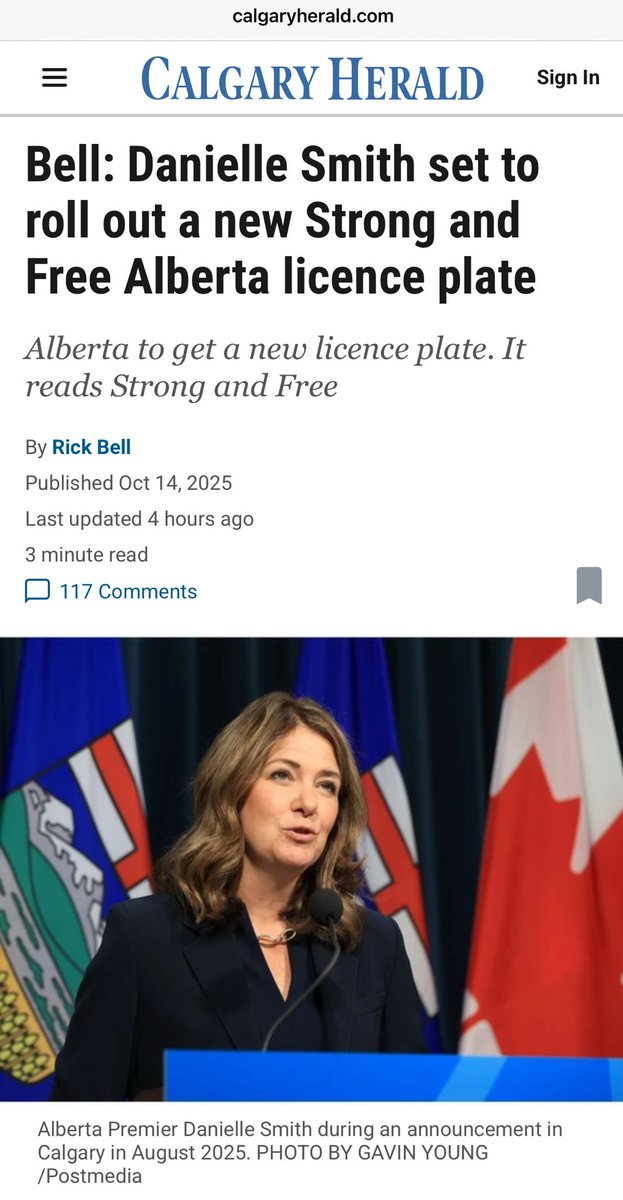gilmcgowan's tweet image. Danielle Smith is literally going to put the UCP’s official party slogan on Alberta license plates. This is the kind of thing Trump would do — and it’s a red flag. Blurring the line between province and party is not acceptable in a healthy democracy.