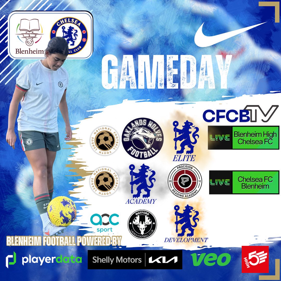 It’s a 3 Game GAMEDAY ✅

Catch the <a href="/NFYLU19U23/">National Football Youth League</a> action on CFCB TV with <a href="/veotechnologies/">Veo</a>.

⚽️ Elite @ 12 noon 📺 Blenheim High Chelsea FC

⚽️Academy <a href="/13/">13</a>:30 📺 Chelsea FC Blenheim

⚽️ Devlopment also in action in the <a href="/ECFA12/">English Colleges FA</a> 🏆

Blenheim Football 🤝 <a href="/Shellymotors/">Shelly Motors</a>