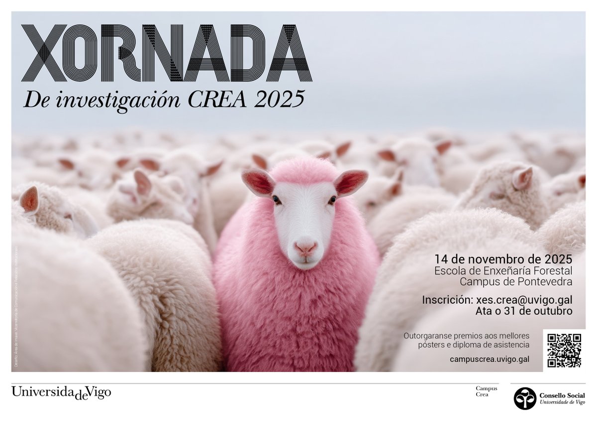 🔴 Convocatoria aberta
Unha xornada de intercambio de coñecementos nos ámbitos da creatividade. 📊Pósters + Short talks 🗣️ 
Dirixido a doutorandos/as do SUG en programas afíns ao Campus CREA. 📽️📸🎨🎼
📆Data límite: 31 de outubro de 2025. 14h.