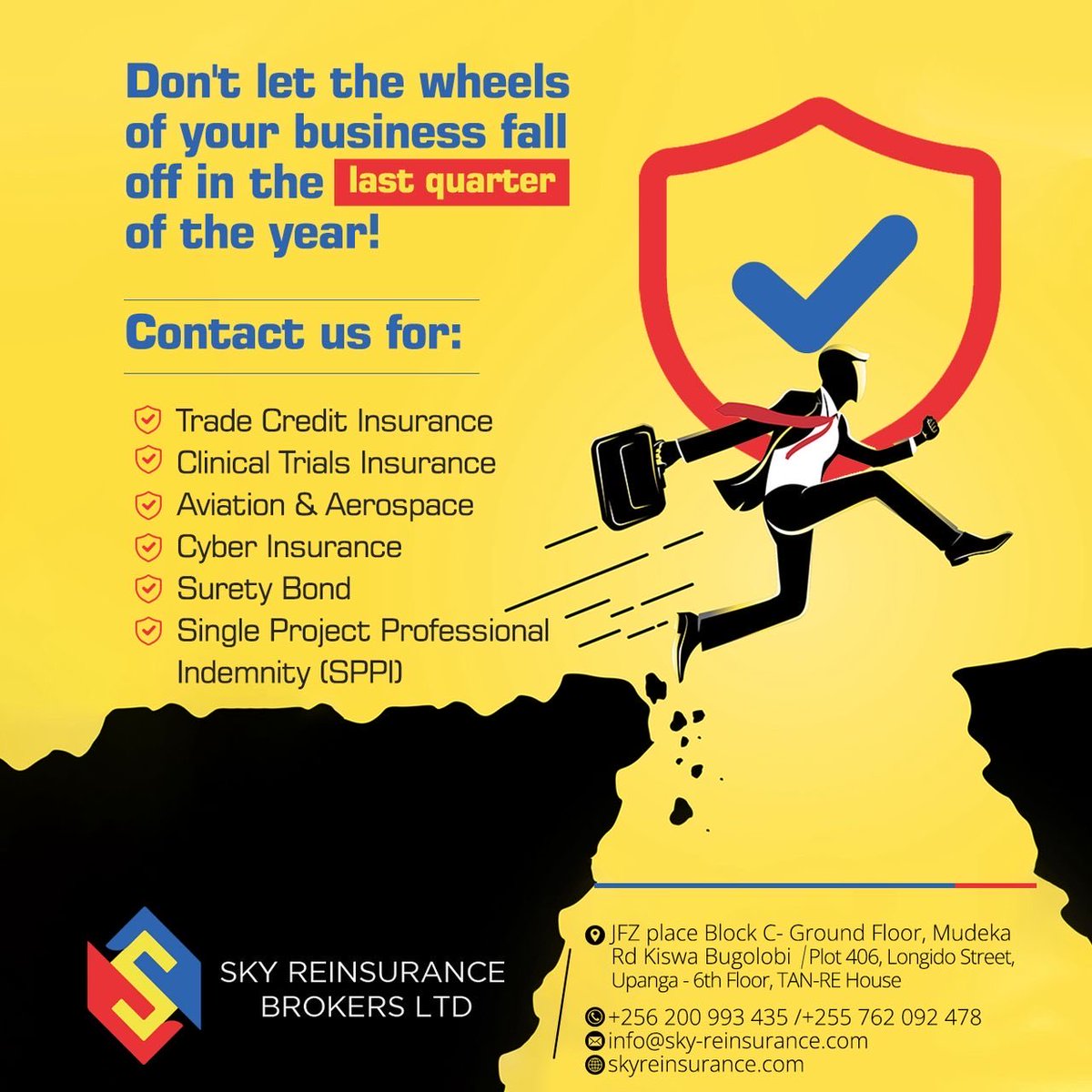 Keep afloat in the last quarter of the year with us!

You can get in touch for:

🛡️ Trade Credit Insurance
🛡️ Clinical Trials Insurance
🛡️ Aviation &amp; Aerospace
🛡️ Cyber Insurance
🛡️ Surety Bond
 🛡️ Single Project Professional Indemnity (SPPI)

#Reinsurance