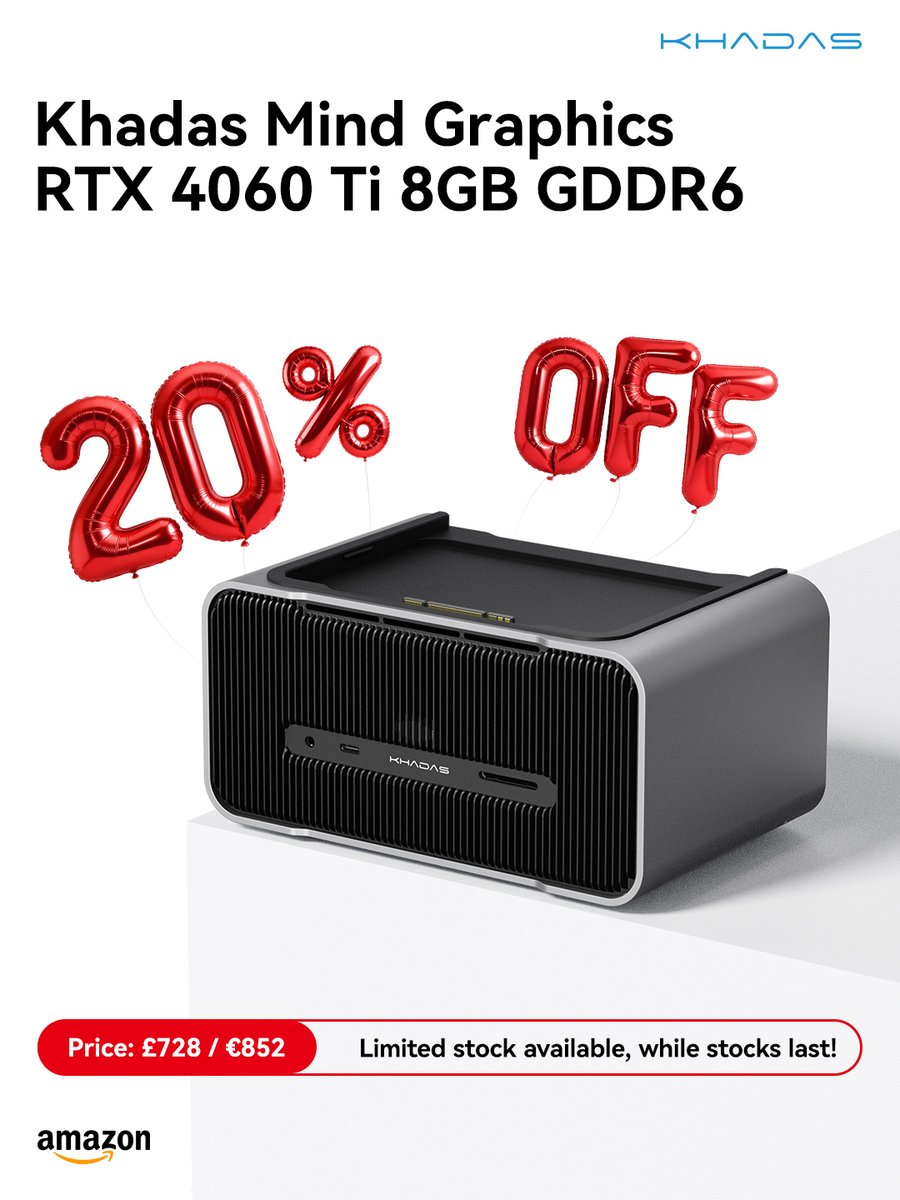 Khadas_France's tweet image. 【Limited 20% OFF】
Khadas Mind Graphics 8GB
Pair with the space-saving, high-performance Mini PC-Mind to keep your desktop environment tidy and organised, boosting productivity. While stocks last – seize this opportunity! 
#Khadas #TechForCreators #TechTrends #Minipc #8GBVRAM