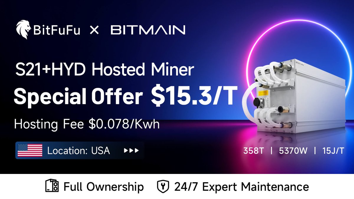 BitFuFuOfficial's tweet image. 🚀 New Miner Online: S21+ Hyd (358T) is now live!

Lock in your spot for only $15.3/T—hosting at just $0.078/kWh.

⚙️ 99%+ uptime | One-click deployment | Real-time revenue tracking
👉 Secure your miner today: bitfufu.com/miner

#Bitcoin #Mining #ASICs #Bitmain #Antminer