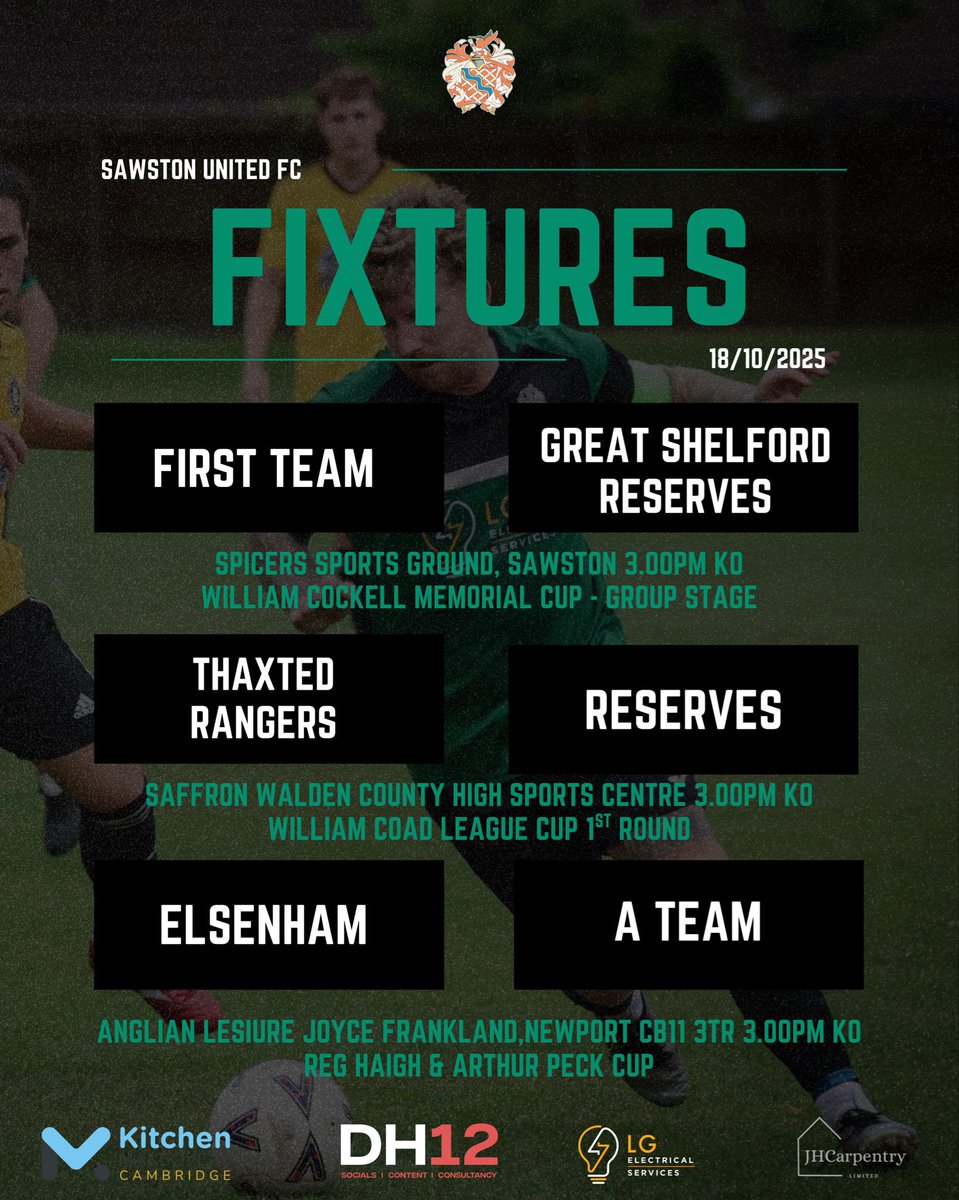 Sawston Utd FC (@sawstonutdfc) on Twitter photo Weekend of cup games 🏆 The First Team host <a href="/GShelfordFC/">Great Shelford FC</a> Reserves, the Reserve team are back at <a href="/Thaxted_Rangers/">Thaxted Rangers FC</a> & The A Team travel to Elsenham #SUFC #SawstonUnitedFC #Football Weekend of cup games 🏆 The First Team host <a href="/GShelfordFC/">Great Shelford FC</a> Reserves, the Reserve team are back at <a href="/Thaxted_Rangers/">Thaxted Rangers FC</a> & The A Team travel to Elsenham #SUFC #SawstonUnitedFC #Football