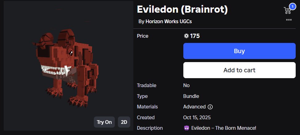 hypermart78's tweet image. 👹Eviledon (Brainrot) Just Dropped!!!
🔗: roblox.com/bundles/453260…
#RobloxDev | #ROBLOX | #RobloxFreeUGC