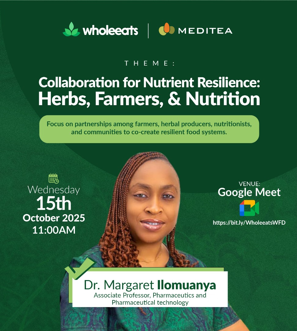 ourmeditea's tweet image. Happening today! WholeEats Africa brings together leading voices shaping Africa’s wellness future:

Dr. Margaret Ilumoanya
 Dr. Stella Nwoke
 Adeolu Akinyemi

Join the conversation!
 11AM (WAT) 
 Register here: forms.gle/CX99V5v95gLZ7n…
#worldfoodday2025 #wholeeatsafrica #meditea