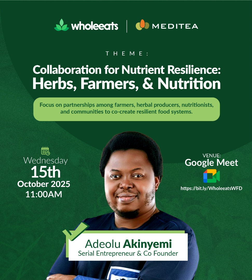 ourmeditea's tweet image. Happening today! WholeEats Africa brings together leading voices shaping Africa’s wellness future:

Dr. Margaret Ilumoanya
 Dr. Stella Nwoke
 Adeolu Akinyemi

Join the conversation!
 11AM (WAT) 
 Register here: forms.gle/CX99V5v95gLZ7n…
#worldfoodday2025 #wholeeatsafrica #meditea