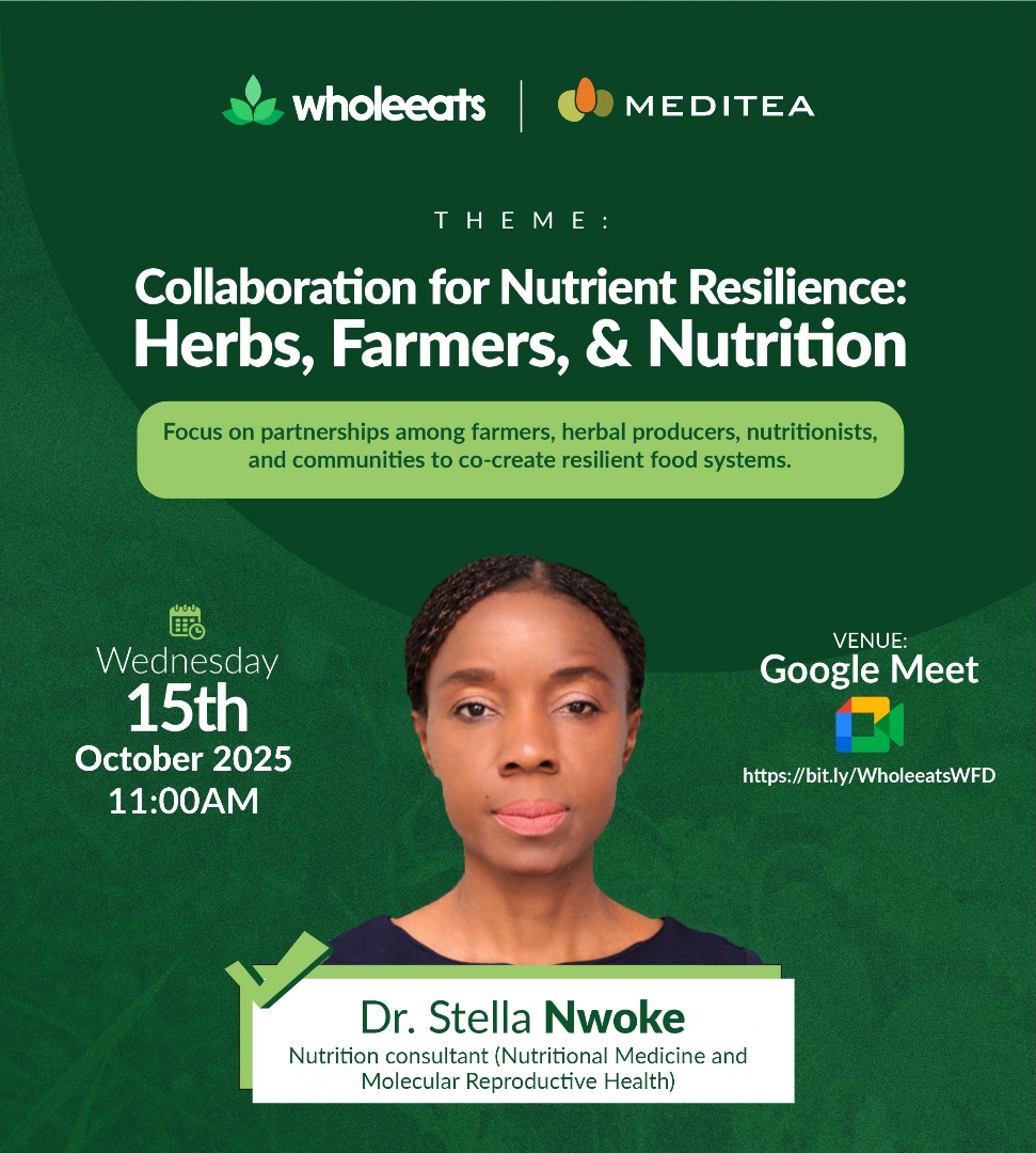 ourmeditea's tweet image. Happening today! WholeEats Africa brings together leading voices shaping Africa’s wellness future:

Dr. Margaret Ilumoanya
 Dr. Stella Nwoke
 Adeolu Akinyemi

Join the conversation!
 11AM (WAT) 
 Register here: forms.gle/CX99V5v95gLZ7n…
#worldfoodday2025 #wholeeatsafrica #meditea