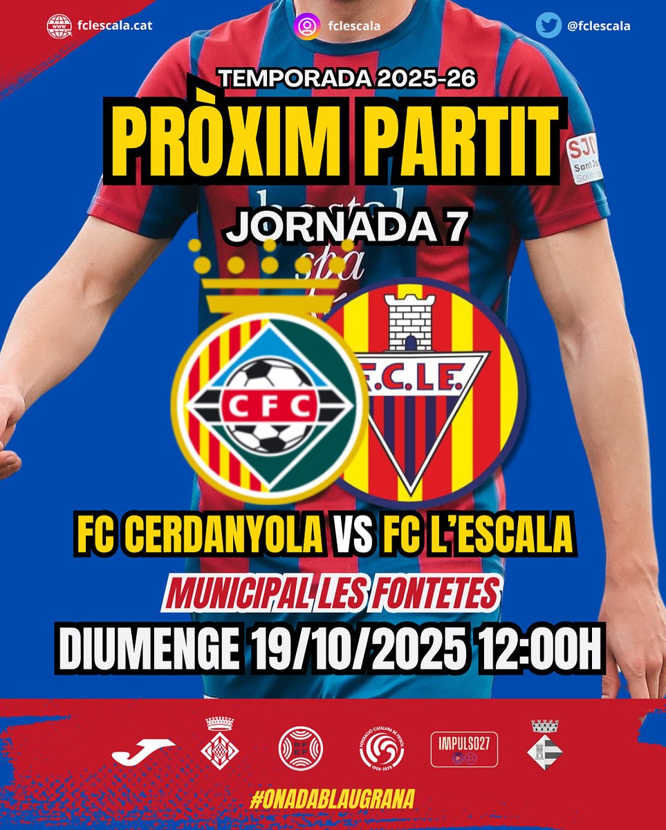FCLESCALA's tweet photo. 𝐏𝐑Ò𝐗𝐈𝐌 𝐏𝐀𝐑𝐓𝐈𝐓

🗓️ 𝖣𝗂𝗎𝗆𝖾𝗇𝗀𝖾 𝟣𝟫/𝟣𝟢
🕛 𝟣𝟤:𝟢𝟢ʜ
🏆 𝟥ʀꜰᴇꜰ | ᴊ𝟩
🆚 @CERDANYOLAFC 
🏟️ ᴢᴇᴍ ʟᴇꜱ ꜰᴏɴᴛᴇᴛᴇꜱ
#Cerdanyolalescala #3rfef5  #fclescala #onadablaugrana https://t.co/NSzHbsPyrB