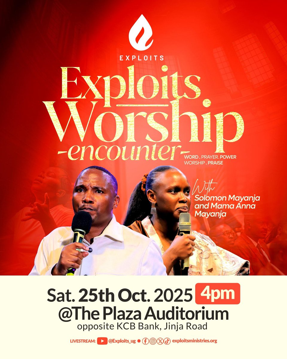 exploitsug's tweet image. The Exploits Worship Encounter is more than a gathering. It is an awakening!
Join Pastor @SolomonMayanja1 and Mama Anna Mayanja for another night of deep worship as we lift the Name above every name.
📅 Sat. 26th October
📍 The Plaza Auditorium, Jinja Road (opp. KCB Bank)
🕔 4PM