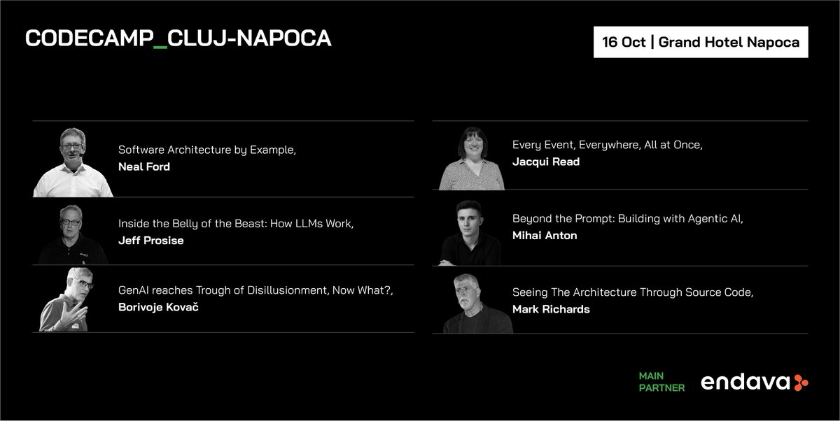 Codecampro's tweet image. CODECAMP_CLUJ-NAPOCA is just around the corner!

Get a look at the incredible lineup of speakers and sessions for 16 October at the Grand Hotel Napoca. We&apos;re covering the hottest topics in tech, from Software Architecture to the latest in AI and LLMs!

codecamp.ro/conferences/co…