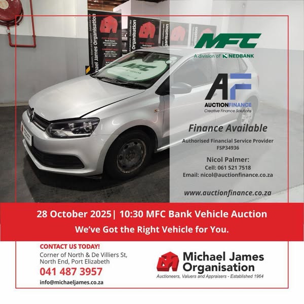 MFC BANK VEHICLE AUCTION – PORT ELIZABETH | 28 OCT 2025 | michaeljames.co.za
Secure Pre-Approved Bank Finance Contact Bonnita Fourie +27828751207 | typecard.com/dfafe1dd
Auth. FSP34936