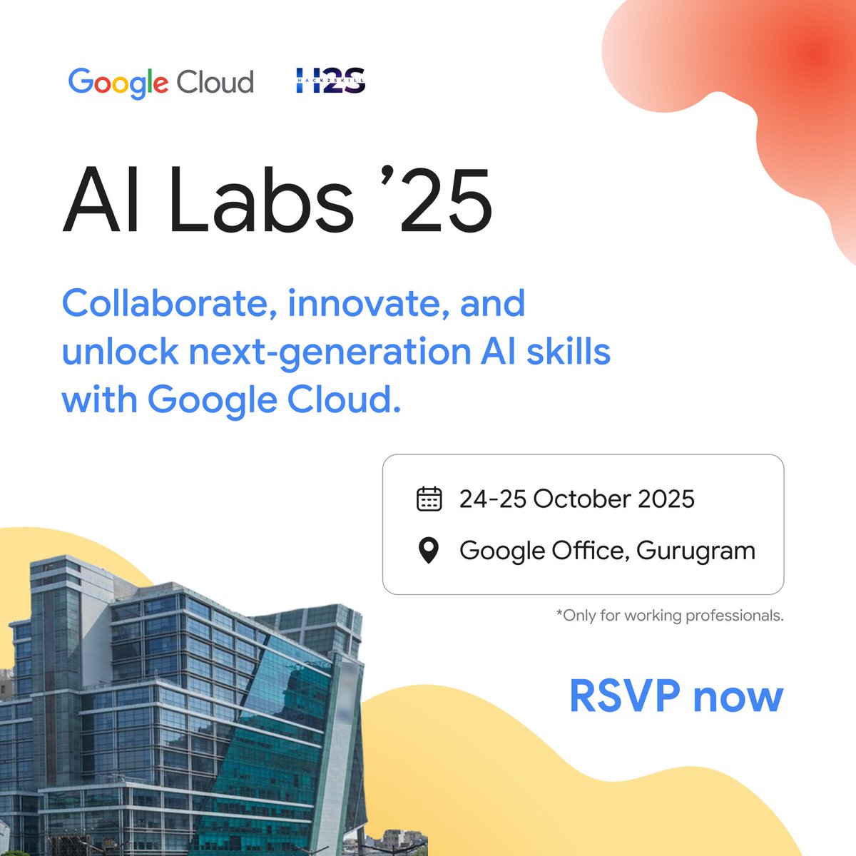hack2skill's tweet image. 🚀 Gurugram, we’re back! The @googlecloud AI Labs series returns on 24 & 25 October at the Google Office. Join us for exclusive, invite-only, hands-on workshops designed for professional developers.
Register now: 🔗 rebrand.ly/CloudAIlabs
#GenAIExchange
