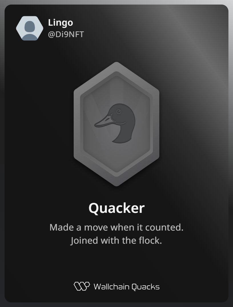 Di9NFT's tweet photo. Just unlocked the Quacker on @wallchain_xyz 🏆

How cool is that?

Feels great to have my contributions recognized.

How’s Wallchain Quacks been treating you so far?

Not on board yet? Drop a comment for an invite 👇🦆 https://t.co/xm3bpOCwH6