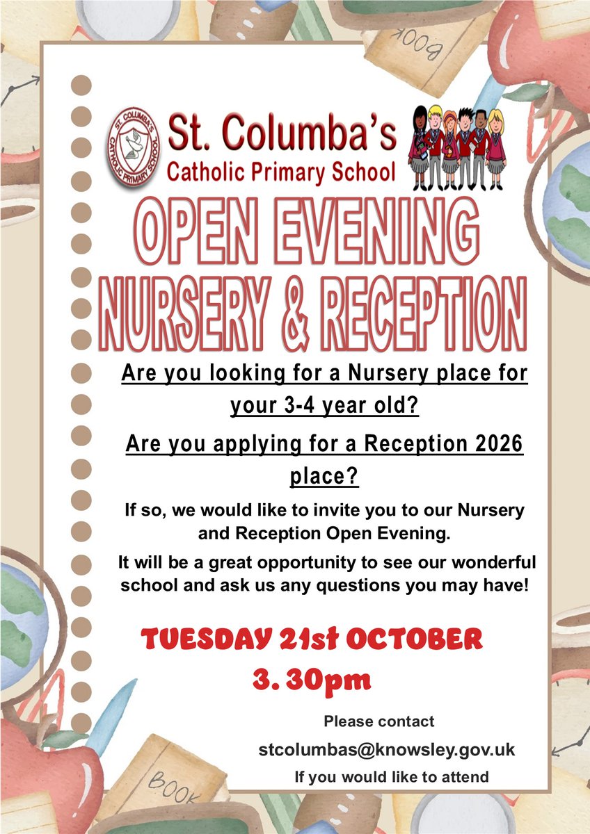 We would love you to come along and view our lovely school!
Please email stcolumbas@knowsley.gov.uk to let us know if you will be joining.
