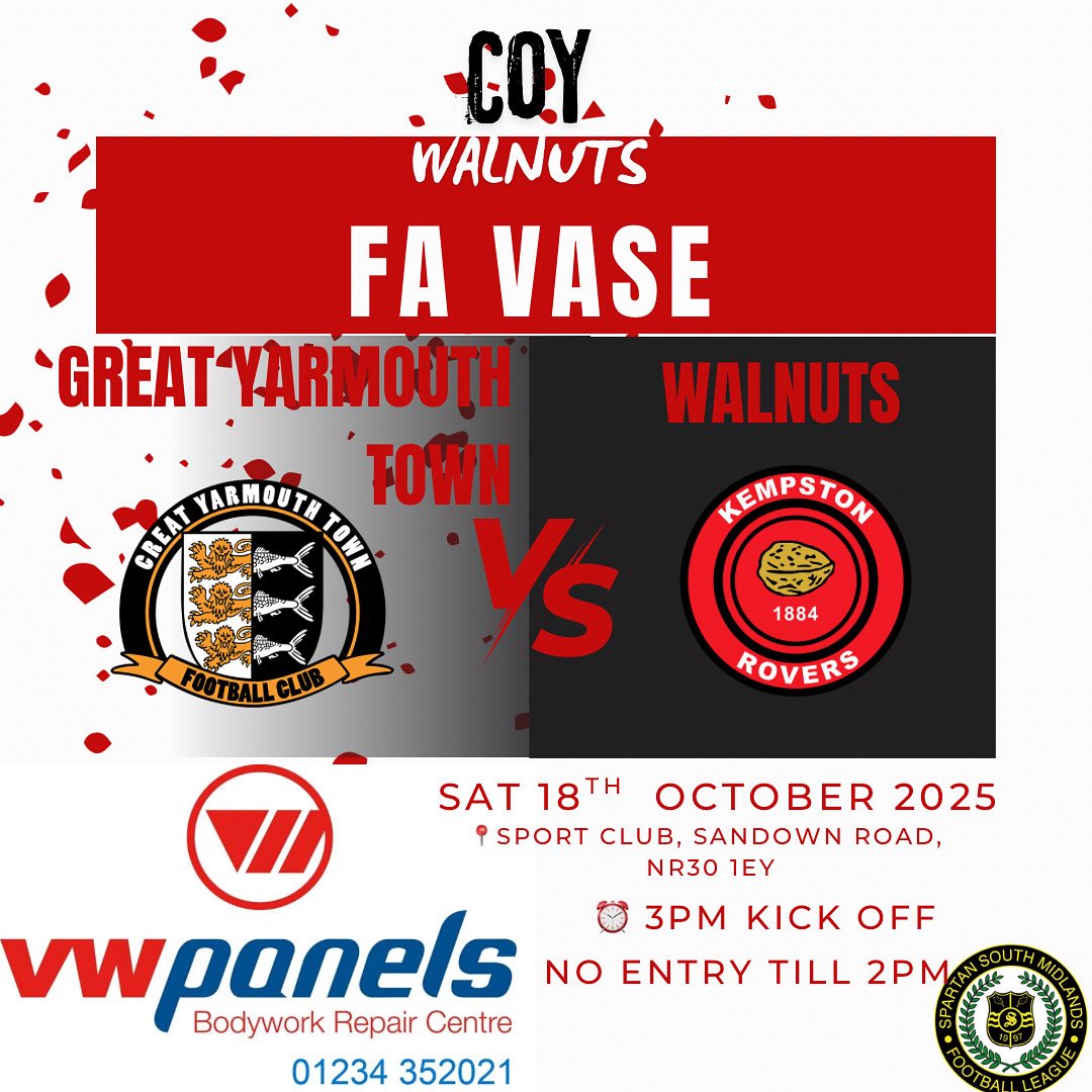 Kempston_Rovers's tweet photo. We’re on the road again! 🚐💨
This Saturday, the boys travel to Great Yarmouth for the First Proper Round of the FA Vase 🏆

🕒 Kick-off: 3PM
🚪 Gates open: 2PM

Let’s pack the stands and make some noise! 🔴⚪️⚽️
#FAVase #AwayDays #upthewalnuts https://t.co/ISJPmVPke5