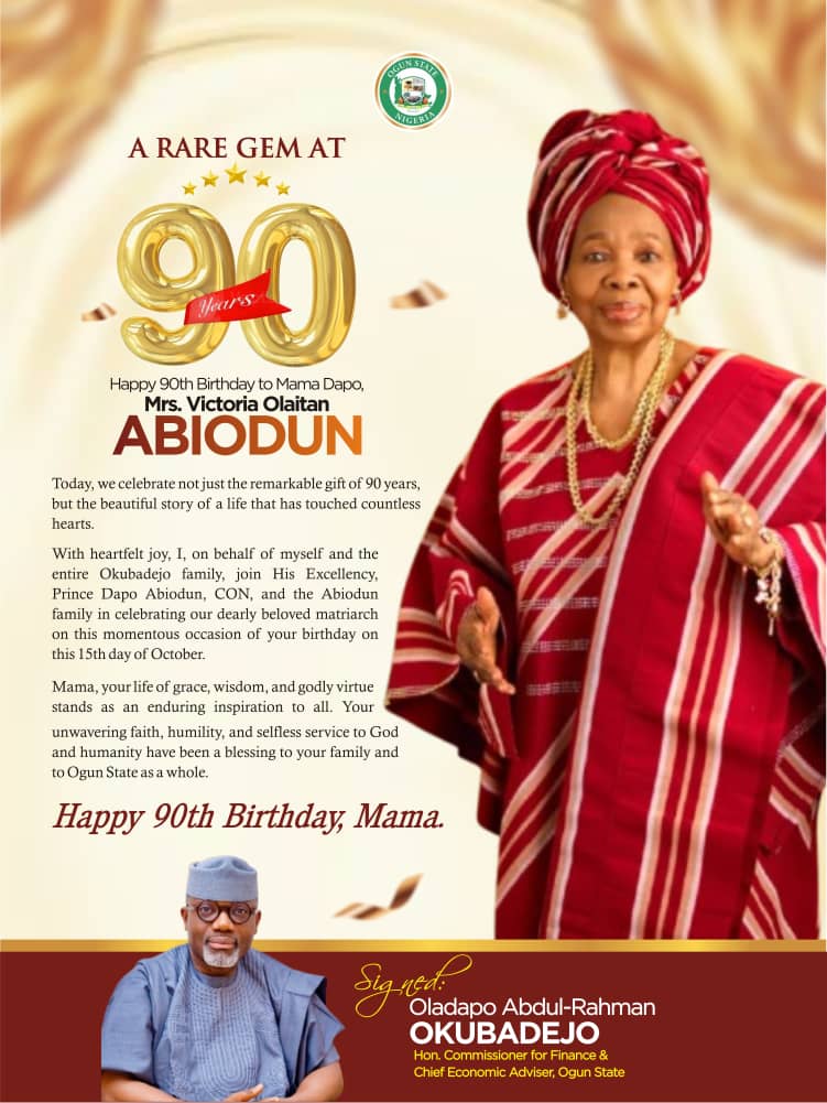 CEAOGUNSTATE's tweet image. With joy and reverence, we celebrate 90 years of grace, wisdom, and faith. Happy birthday, Mama-Mrs. Victoria Olaitan Abiodun. May God bless you with lasting health and peace.