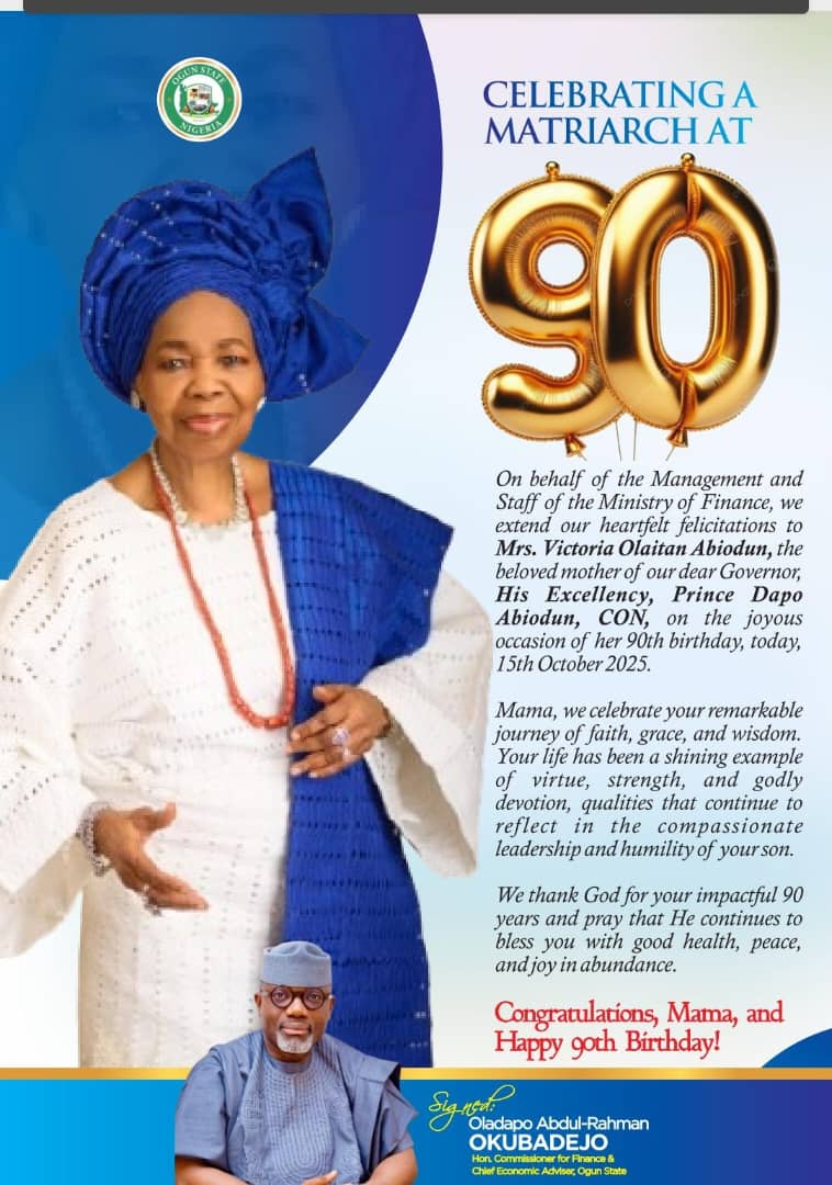 CEAOGUNSTATE's tweet image. With joy and reverence, we celebrate 90 years of grace, wisdom, and faith. Happy birthday, Mama-Mrs. Victoria Olaitan Abiodun. May God bless you with lasting health and peace.
