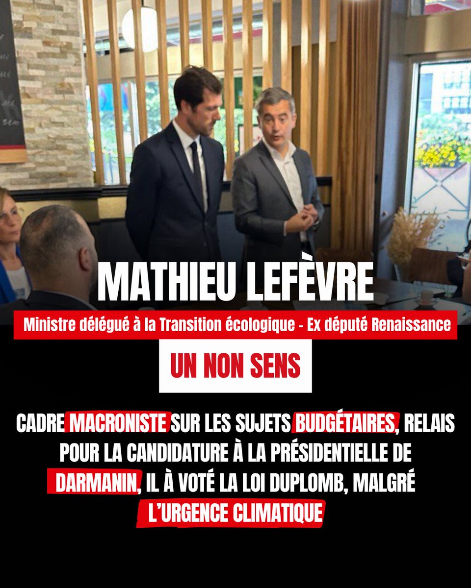 Ne pas censurer, c’est aussi accepter 2 députés du Val-de-Marne qui, eux, censurent l’urgence sociale et climatique:

Jeanbrun au Logement, adversaire du logement social.

Lefèvre à l’Écologie, fidèle du macronisme austéritaire.