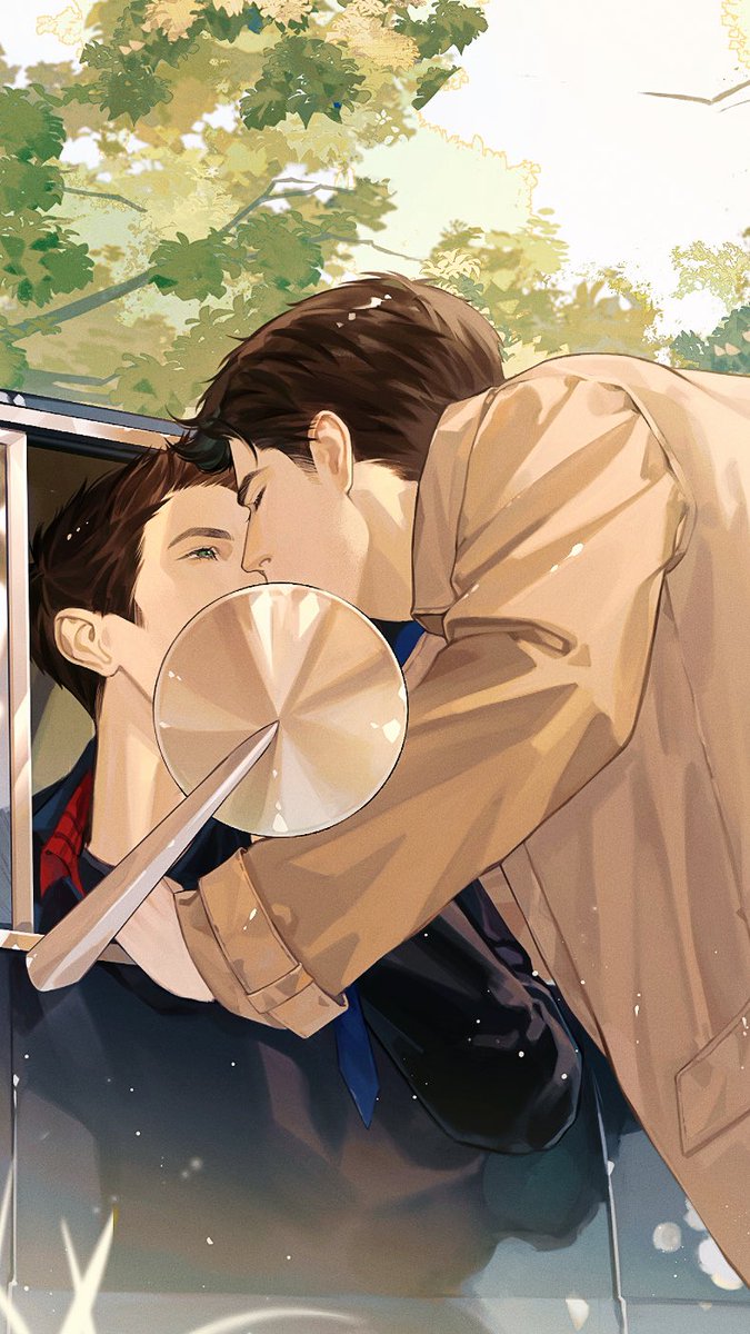 Brustiel's tweet image. Their first kiss in heaven.

(this time dean made the move)

#destiel #notmyartbutmycommission