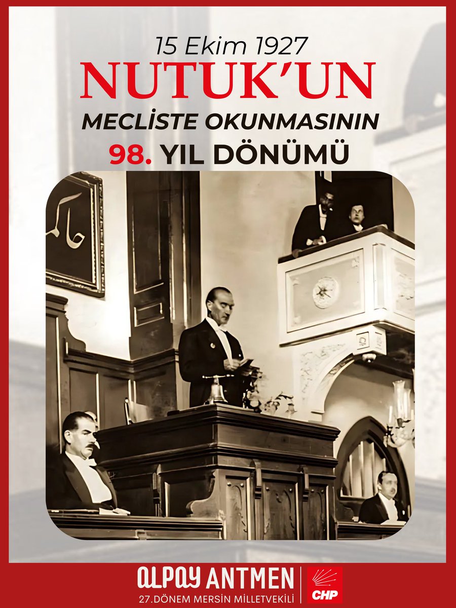 15 Ekim 1927’de Meclis kürsüsünden yükselen Nutuk, 98 yıl sonra hâlâ bizlere rehberlik ediyor. 
Ulu Önder Atatürk’ün öngörüsü, bağımsızlık ve demokrasi mücadelemizin ışığı olmaya devam ediyor. #Nutuk