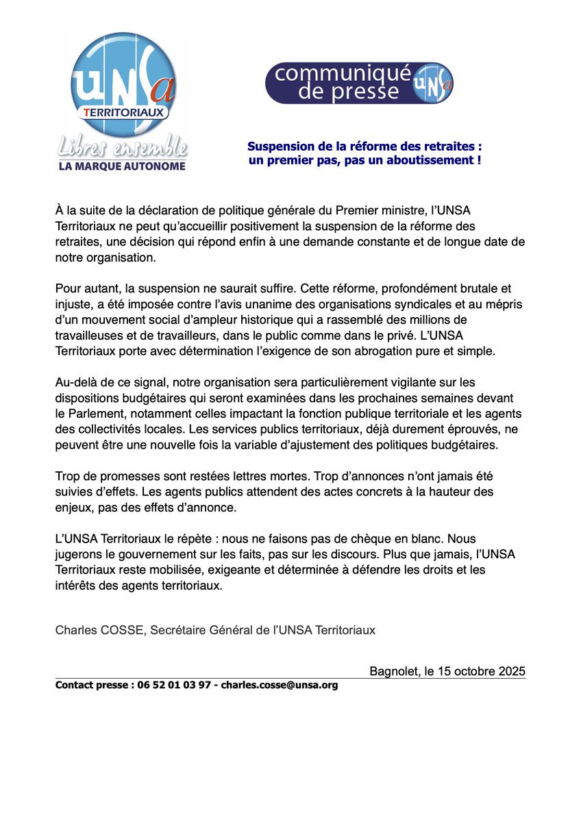 FedUNSATer's tweet image. 🕐 #ReformeDesRetraites suspendue, pas enterrée.
Un premier pas, mais sûrement pas un aboutissement.
👉 #UNSA Territoriaux reste mobilisée pour l’abrogation pure et simple : les agents attendent des actes, pas des mots. 
#Lecornu2 #FPT #GouvernementLecornu2 #Retraites