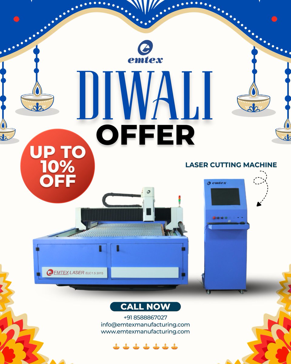 emtex_machines's tweet image. ✨ This Diwali, light up your business with precision and performance!
Get up to 10% OFF on our high-performance Laser Cutting Machines.
#EmtexManufacturing #DiwaliOffer #LaserCuttingMachine #ManufacturingIndia #EngineeringInnovation #FestiveOffer #IndustrialMachines #MadeInIndia