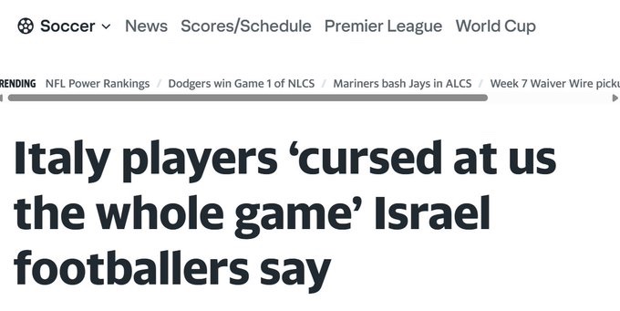 Screenshot of ESPN soccer webpage with navigation tabs for news, scores, schedule, Premier League, World Cup; trending sections show NFL power rankings and MLB updates; main headline reads Italy players cursed at us the whole game Israeli footballers say; text in black on white background with blue accents and site logo.