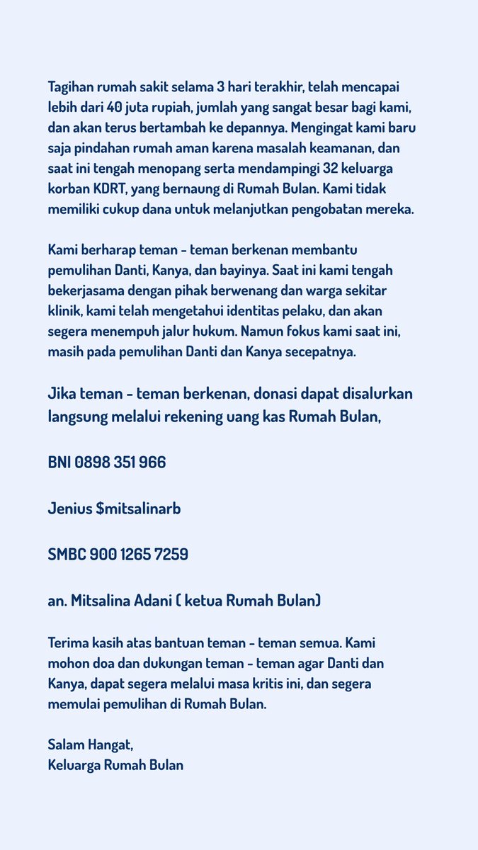 BulanRumah's tweet image. ‼️ Penggalangan Dana Darurat untuk Kasus Terbaru Rumah Bulan ‼️

Danti (22), bayinya yang baru lahir, dan anak balita perempuannya, Kanya (4), kini tengah dalam keadaan kritis. Danti dan Kanya, ditinggalkan di depan klinik bersalin oleh terduga suami siri, dan keluarganya, dalam