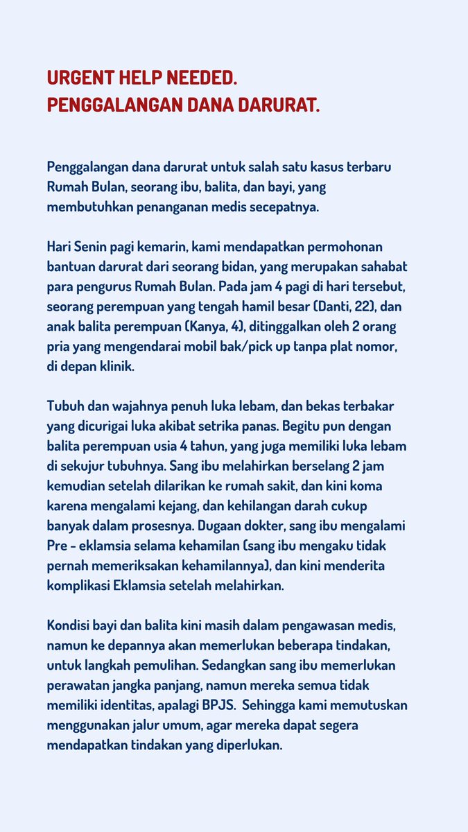 BulanRumah's tweet image. ‼️ Penggalangan Dana Darurat untuk Kasus Terbaru Rumah Bulan ‼️

Danti (22), bayinya yang baru lahir, dan anak balita perempuannya, Kanya (4), kini tengah dalam keadaan kritis. Danti dan Kanya, ditinggalkan di depan klinik bersalin oleh terduga suami siri, dan keluarganya, dalam