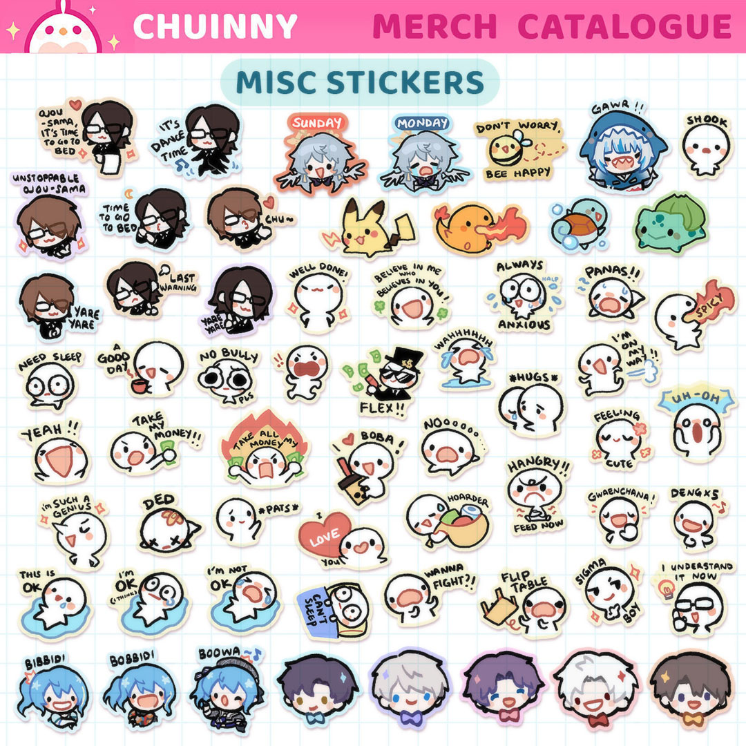 chuinny's tweet photo. Merch catalogue part 4/5 ⭐ Stickers!
Please DM me for preorders! :> https://t.co/pjVAQr0ZE6