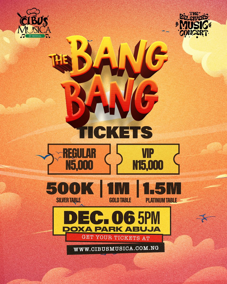 Two worlds, one stage! Cibus Musica Festival x The Believers Music Concert unite for THE BANG BANG this December.

Get ready as <a href="/Soundboi_bme/">SoundBoi BME</a> brings the Energy. Culture &amp; Rhythm. All in one night in Abuja. 

📍 Doxa Park
🗓 Dec 6 | 5PM

#AbujaEvents #TheBangBang