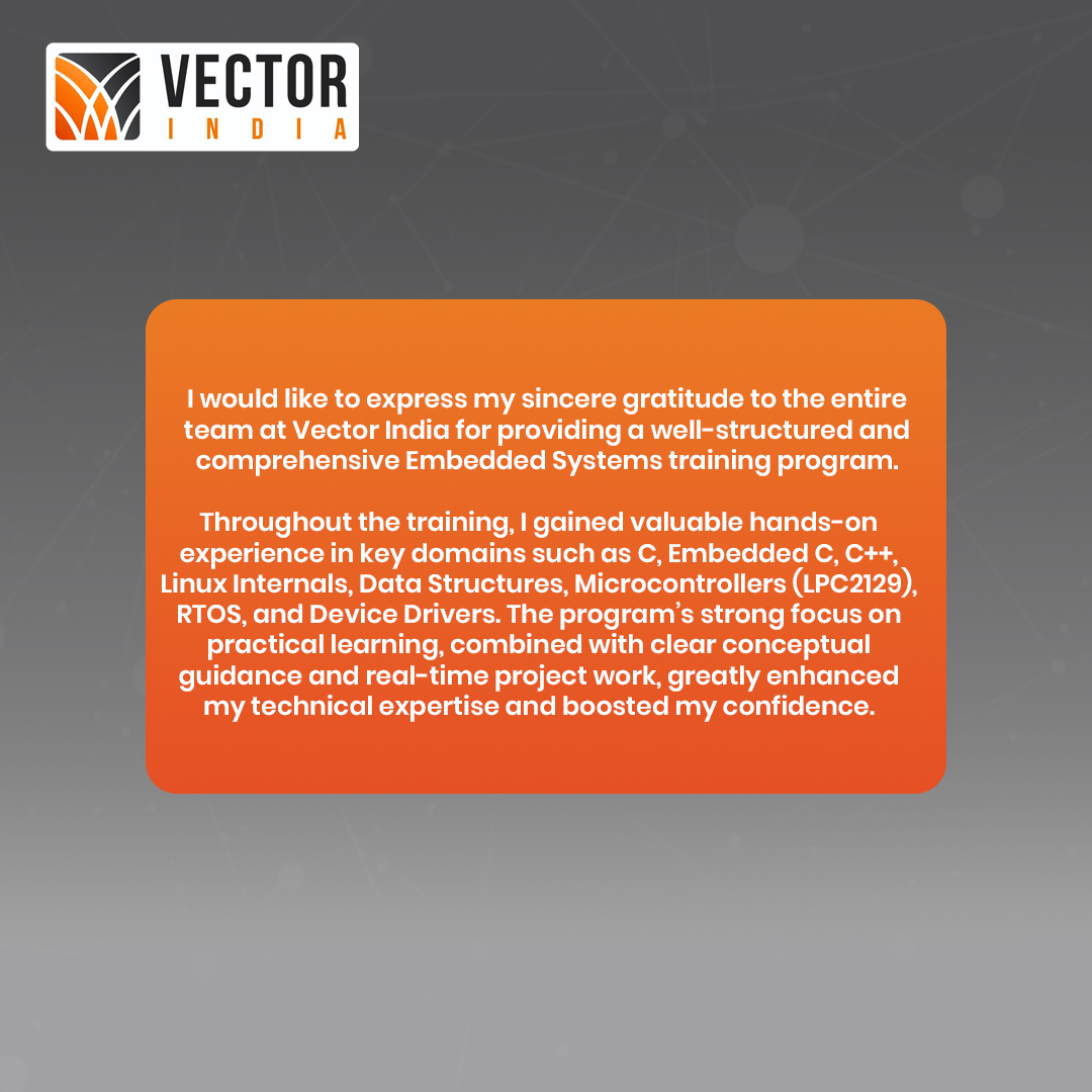 Vector_India's tweet image. Dreaming of a top engineering career? Dev Buddhdev did it with a placement offer at Twara Robotics, Bengaluru Ready to level up your tech game & land your dream role? Join Vector India today and code your success story #EngineeringJobs #EmbeddedSystems #TechTraining #CodingSkills