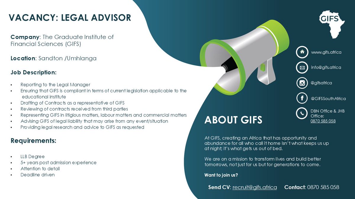 We're Hiring!
Legal Advisor

Join our team! Are you detail-oriented with a passion
for law and compliance? GIFS is looking for a
knowledgeable Legal Advisor.

#GIFS #Vacancy #20YearsOfGIFS #GIFSGlobal