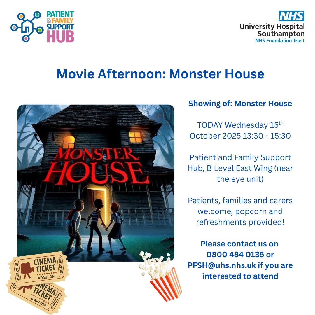 TODAY we are continuing spooky season with a showing of the film 'Monster House' in the Patient and Family Support Hub! Please see below for details👇🎃: