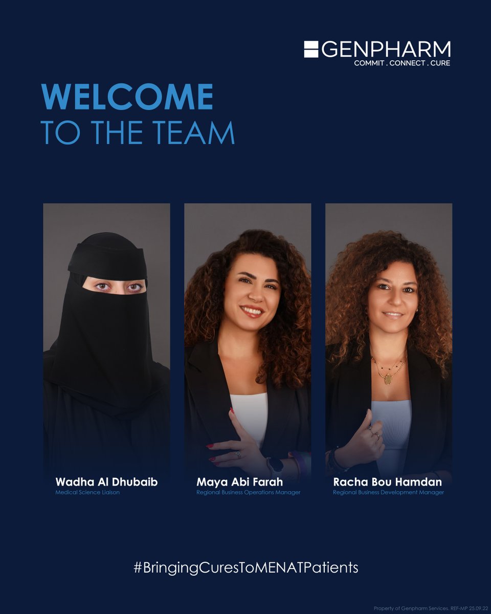 genpharmmena's tweet image. New faces, same mission.
Welcome Wadha Al Dhubaib in KSA, as well as Maya Abi Farah and Racha Bou Hamdan in Lebanon, to the Genpharm team!
We’re excited to have you on board as we continue to connect innovation to the MENAT region.
#WelcomeToTheTeam #Genpharm #NewJoiners