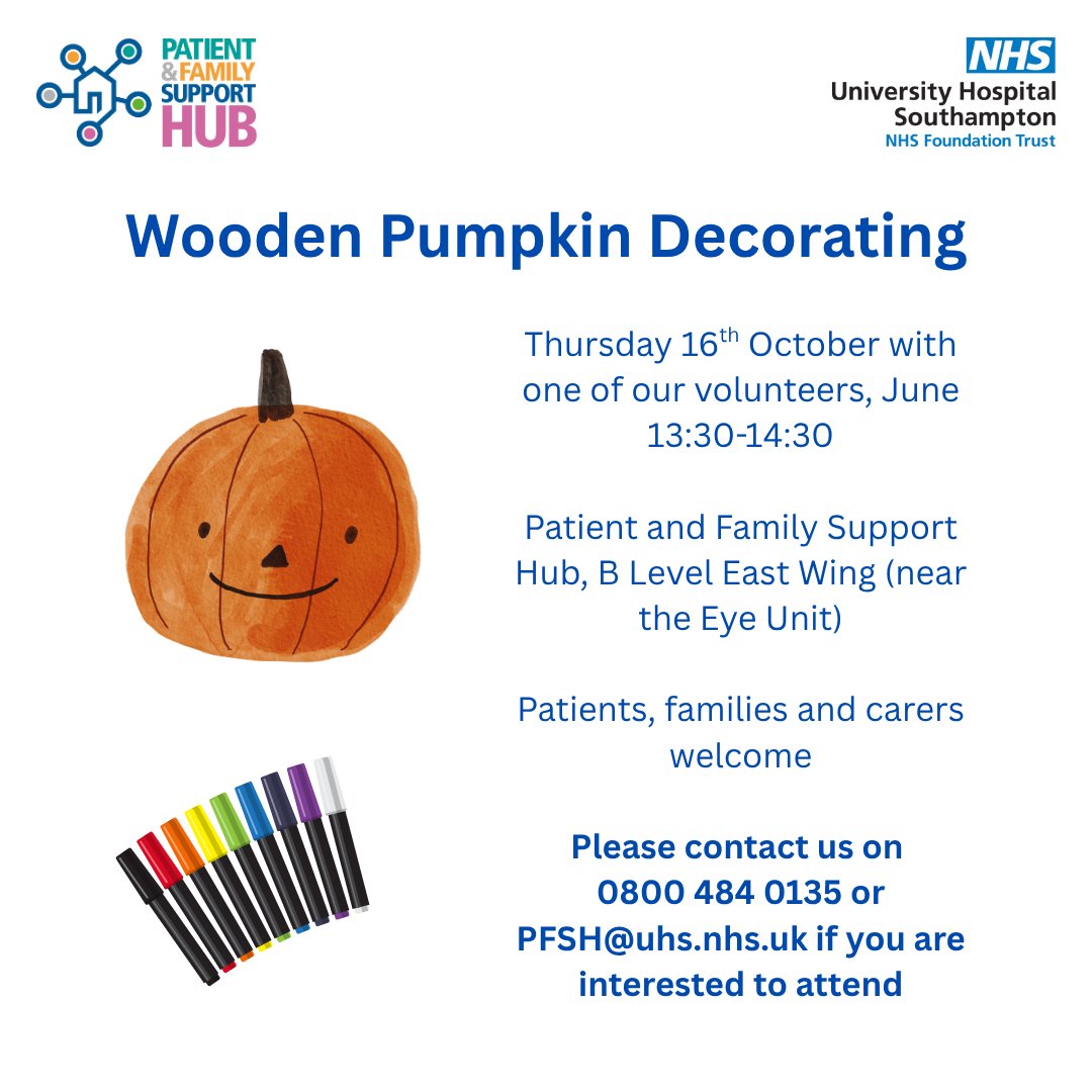 Patients, families and carers are welcome to come and decorate a wooden this afternoon in the Patient and Family Support Hub 🎃please see below for details👇❤️: