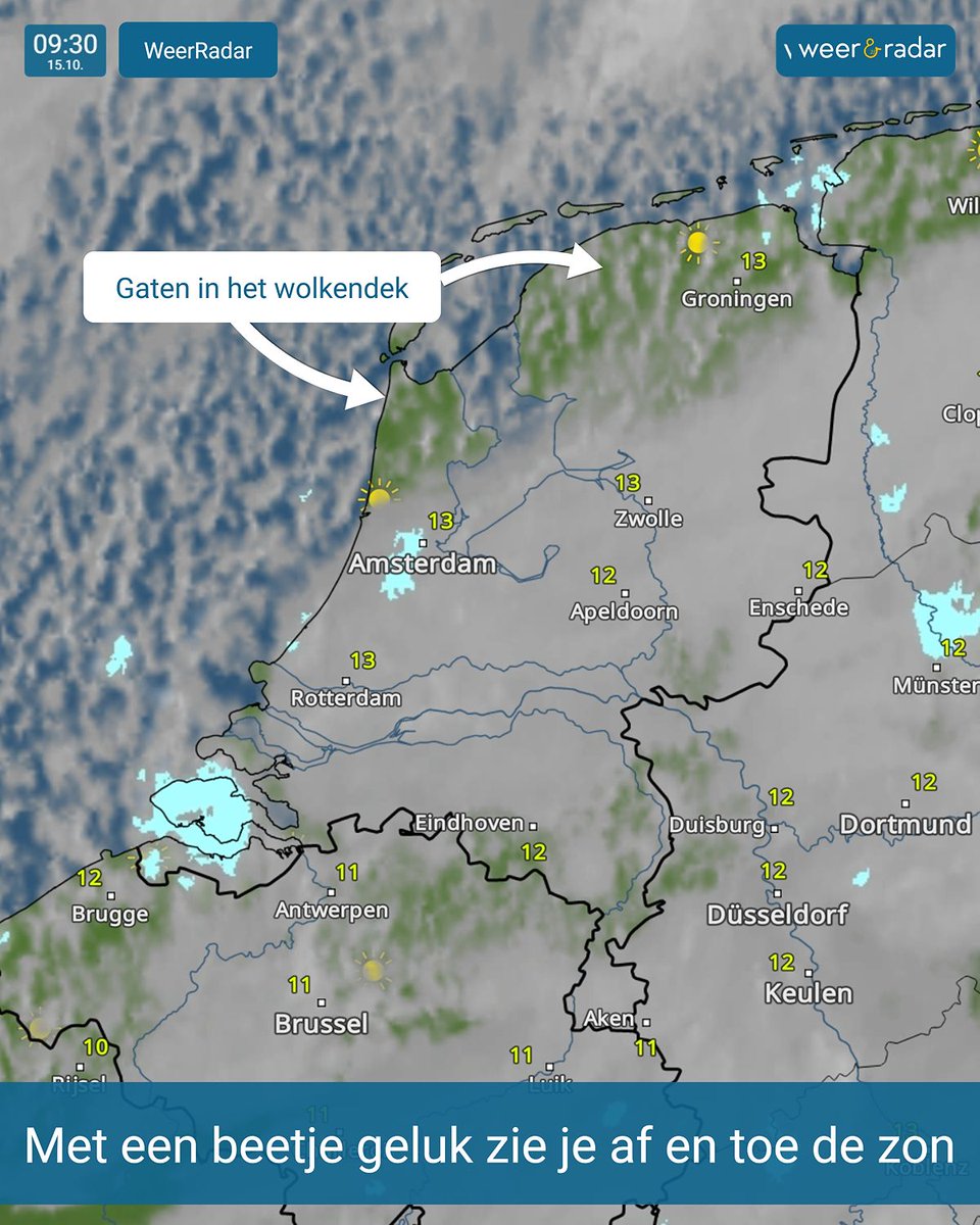 weerenradar_nl's tweet image. +++ Weerupdate woensdag 15.10. 9:30u +++
Opnieuw een sombere herfstdag ☁️ met veel bewolking, maar: op de WeerRadar zie je met name in het noorden gaten in het wolkendek! Daar schijnt af en toe de zon.🌥️ Bekijk de live WeerRadar: app.weerenradar.nl/U13Q/x8b7ao43 

#weerupdate #weerbericht