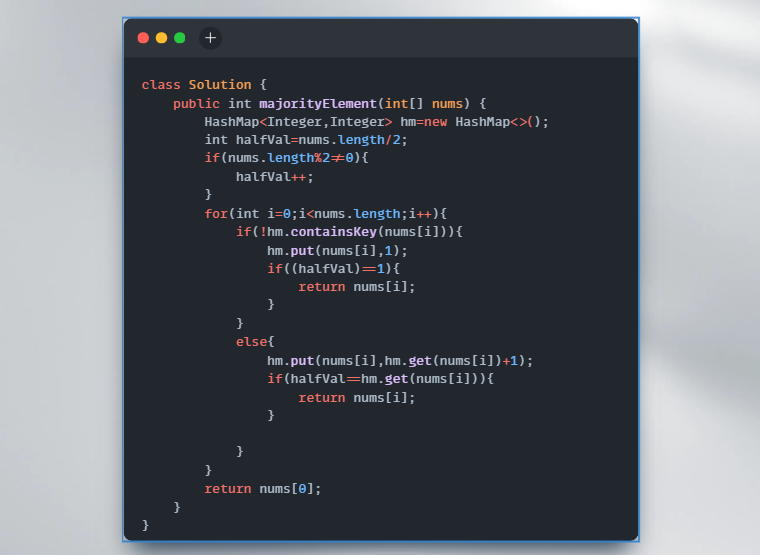 SamikshyaNanda4's tweet image. When solving 169.Majority Element(LC) my approach here is to put everything in HashMap and then and there check if the number is max of half.
But also consider for odd and ever numbers of element in array. Will post optimized soon .
#A2ZSheet @Striver #LearningInPublic #Java