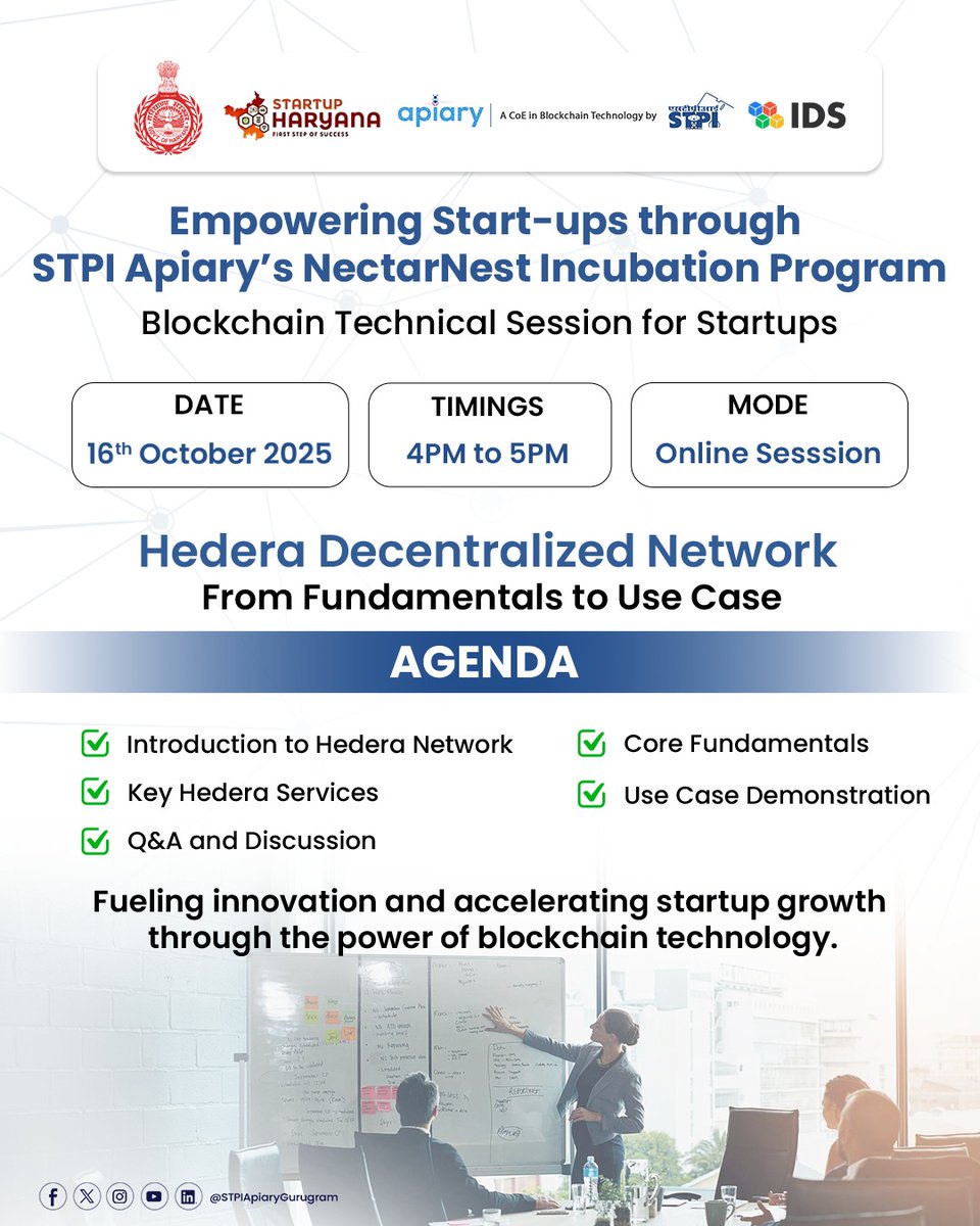 STPI_CoE_Apiary's tweet photo. 🌟 Empowering Startups Through Blockchain Innovation! 🌟

STPI Apiary’s NectarNest Incubation Program, in collaboration with IDS as our Knowledge Partner, hosting a power-packed Knowledge Session on Blockchain for Startups — bringing together thought leaders, tech experts, and visionary entrepreneurs to explore the transformational potential of blockchain technology.

🔍 From transparency in governance to scalable digital solutions, the session delved deep into how decentralized technologies are reshaping the startup landscape.

📌 Highlight Session:
Topic: Hedera Decentralized Network – From Fundamentals to Use Case
Agenda: Learn | Explore | Build with Blockchain

💡 A journey through the fundamentals of distributed ledgers to real-world use cases that fuel innovation and drive startup growth.

This initiative reflects our mission to:
✅ Enable early-stage ventures to harness cutting-edge technologies
✅ Provide technical depth and industry mentorship
✅ Build a thriving ecosystem for Web3, DLT, and beyond

🌐 Whether you're a founder, developer, or blockchain enthusiast — the future is decentralized, and it starts here.