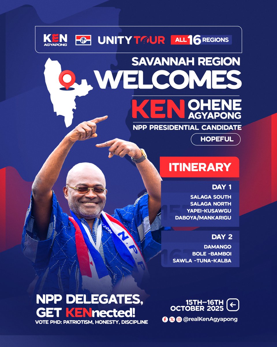 realKenAgyapong's tweet photo. It is a profound honor to be in the Savannah Region, a land of rich heritage and resilient people.

This journey is about listening more than speaking and building consensus from the ground up.

To my fellow NPP delegates, the road ahead demands a renewed commitment to our timeless values.

Let us lead with Patriotism, serve with Honesty and build with Discipline.

It’s time to Get KENnected and get to work. 

#Ken2028 
#UnityTour 
#GetKENnected
