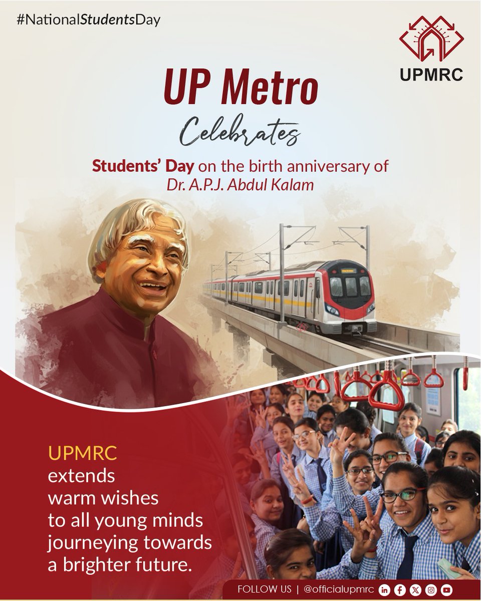 UP Metro celebrates the spirit of learning!

On Students’ Day, marking the birth anniversary of Dr. A.P.J. Abdul Kalam, we salute all young dreamers shaping a brighter tomorrow. 

#NationalStudentsDay #UPMetro #UPMRC #APJAbdulKalam #InspiringIndia #SmartTravel #MetroForYouth