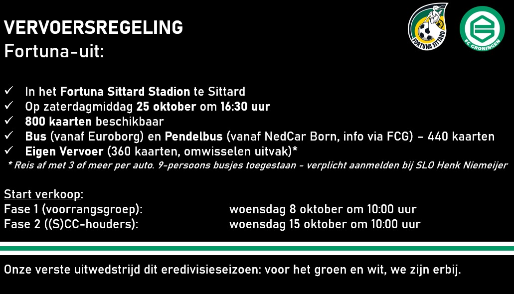 Inmiddels is de verkoop voor Fortuna-uit al gestart. Vanaf 10:00 uur start fase 2. 

Er zijn ruim 170 van de 800 kaarten verkocht en nog Eigen Vervoer, Pendel- én Buskaarten beschikbaar!

Ga mee naar Sittard en steun de ploeg op bezoek bij Fortuna ⚪️🟢⚪️

#fcgroningen #forgro