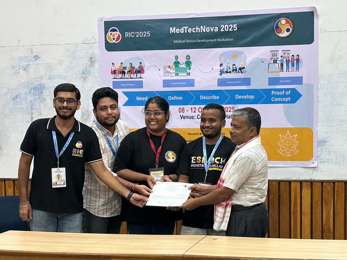 jbmshst_iitg's tweet image. Celebrating Excellence!
Proud moment for our students at the MedTechNova Hackathon (8–12 Oct 2025), hosted with RIC IIT Guwahati, NewGen IEDC, SIBDS-IIBC & AIIMS Guwahati.
🥇 Team Optimist (1st Yr BS)
🥈 Team Clinovators (2nd Yr MTech)
#MedTechNova #IITGuwahati #AIIMSGuwahati