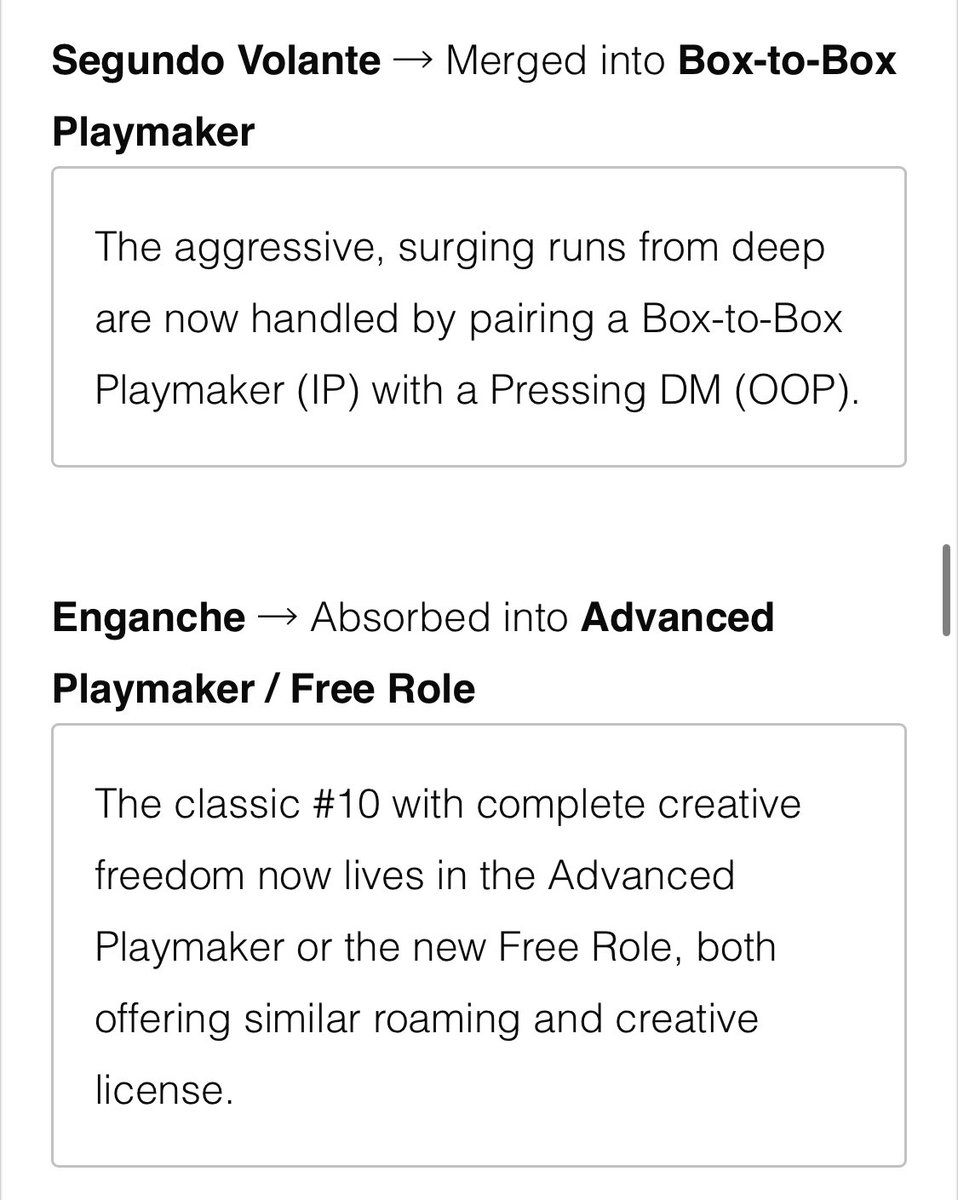 I read a post from FMScout this morning about FM26 Player Roles

It turns out we’ll miss a few more:

❌ Regista
❌ Segundo Volante
❌ Carriliero 
❌ Mezzala
❌ Inside Forward 

They all have new names on FM26

Again:

No more Duties!

Roles are not split between IP and OOP.