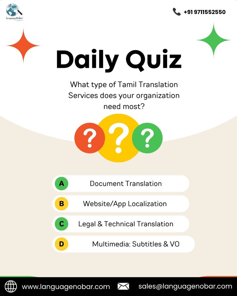 LanguageNoBar's tweet image. 📝 Daily Quiz Time!
Which Tamil Translation Service fits your organization’s needs best?
A. Document Translation
B. Website/App Localization
C. Legal &amp;amp; Technical Translation
D. Multimedia: Subtitles &amp;amp; VO
👉 Comment your answer below!
#DailyQuiz #TamilTranslation #LanguageServices