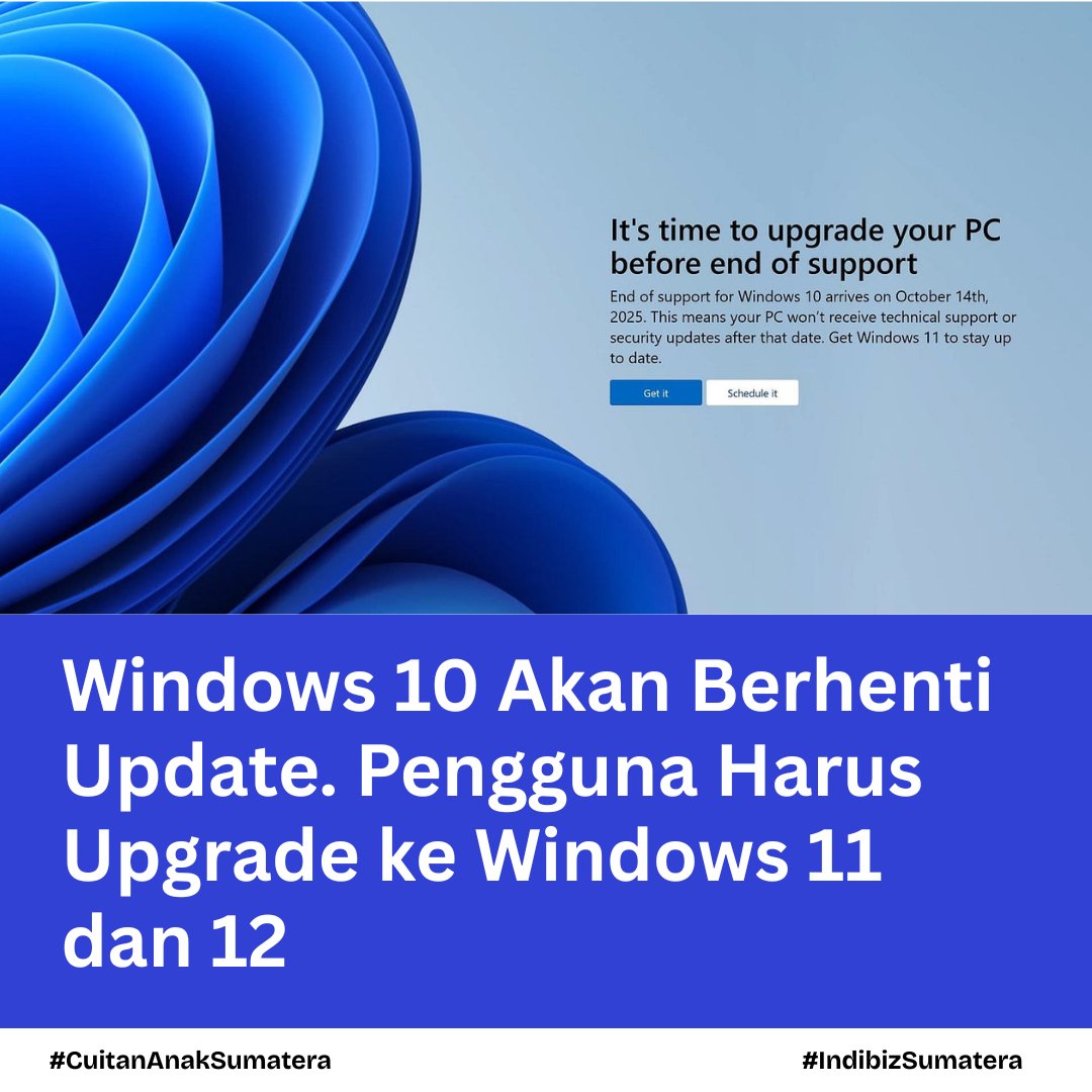 indibiz_sumatra's tweet photo. Windows 10 akan berhenti menerima update mulai 14 Oktober 2025. Saatnya upgrade ke Windows 11 atau 12 agar PC kamu tetap aman dan optimal! π»βοΈ
#Indonesia #Windows #Apple #UpgradeWindows #CuitanAnakSumatera #IndibizSumatera https://t.co/gVytQA27JY
