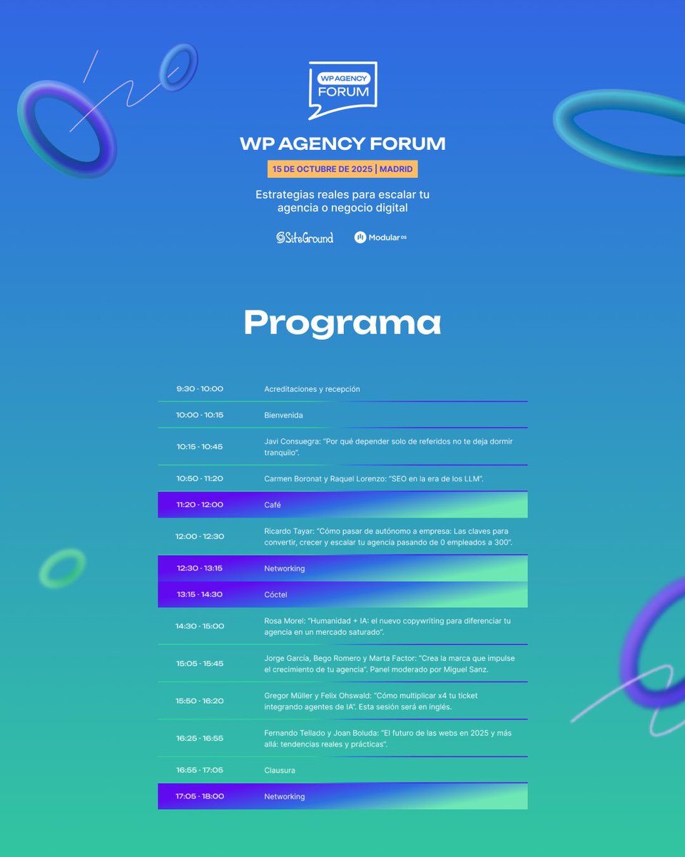 ModularDS's tweet image. Os recordamos el programa de #WPAgencyForum, ¡nos vemos en nada! 💜🚀