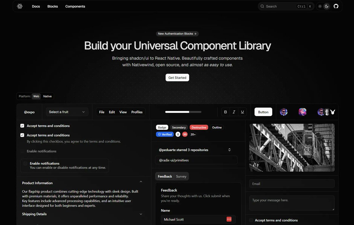 jqueryscript's tweet image. React Native Reusables: Bringing the shadcn/ui experience to React Native. 

A collection of beautifully crafted components that work across iOS, Android, and web.

👉 reactscript.com/shadcn-ui-comp…

🎨 Nativewind for utility-first styling
🔧 RN Primitives with Radix UI similar API
🚪…