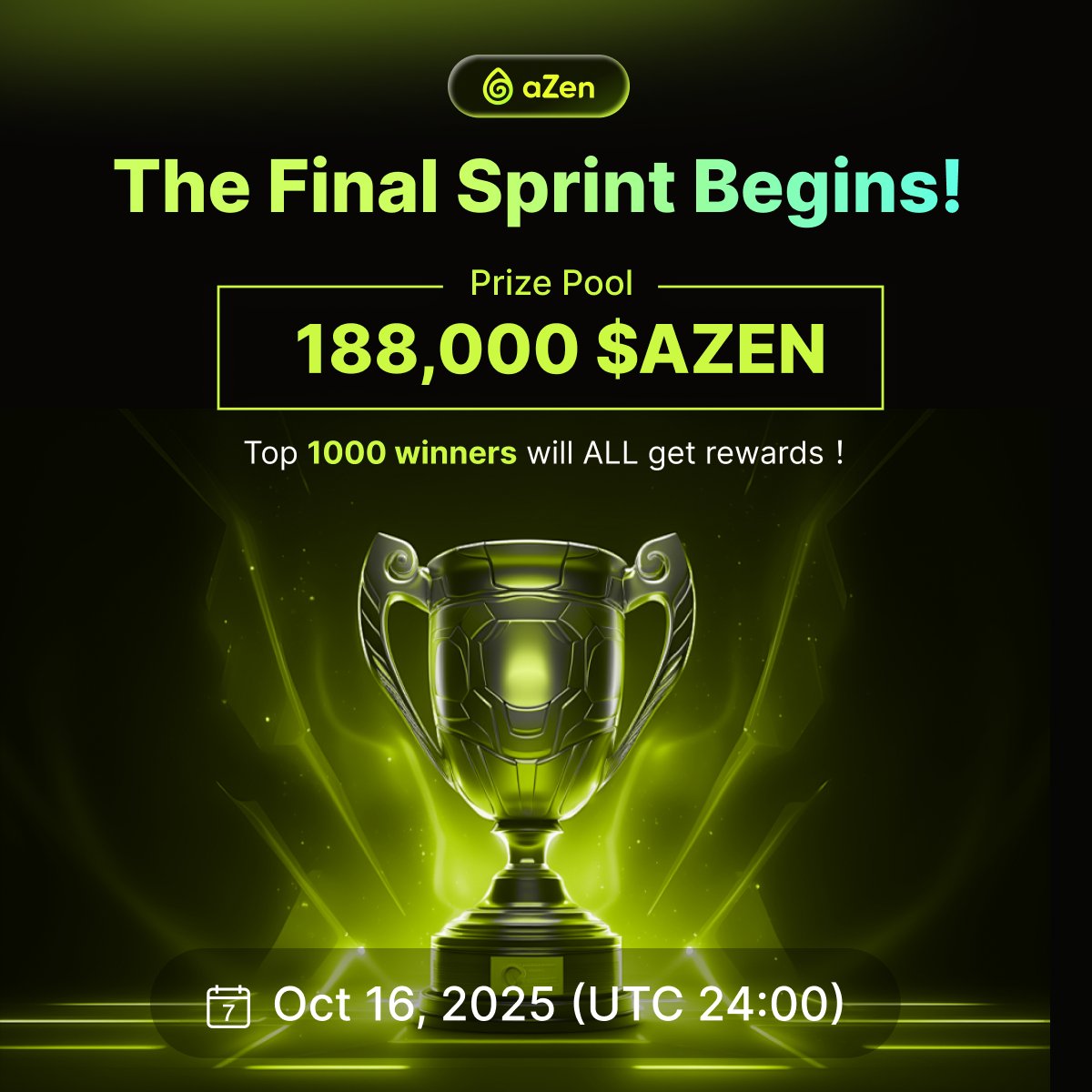 aZen (@azen_protocol) on Twitter photo π₯ The Final Sprint Begins! π
πͺ© $AZEN PoC Ranking Airdrop Final Snapshot Time: πΈ Oct 16, 2025 (UTC 24:00)
π° 188,000 $AZEN up for grabs
π₯ Top 1000 will ALL win β rewards drop straight into your aZen Hub App wallet
Push your PoC score higher, lock in your spot, and claim π₯ The Final Sprint Begins! π
πͺ© $AZEN PoC Ranking Airdrop Final Snapshot Time: πΈ Oct 16, 2025 (UTC 24:00)
π° 188,000 $AZEN up for grabs
π₯ Top 1000 will ALL win β rewards drop straight into your aZen Hub App wallet
Push your PoC score higher, lock in your spot, and claim