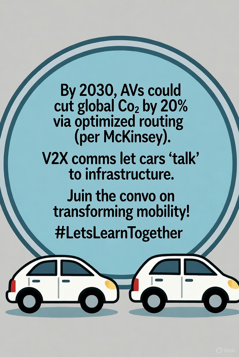 marsinnovatesol's tweet image. By 2030, AVs could cut global CO2 by 20% via optimized routing (per McKinsey). V2X comms let cars 'talk' to infrastructure. Join the convo on transforming mobility! #LetsLearnTogether
